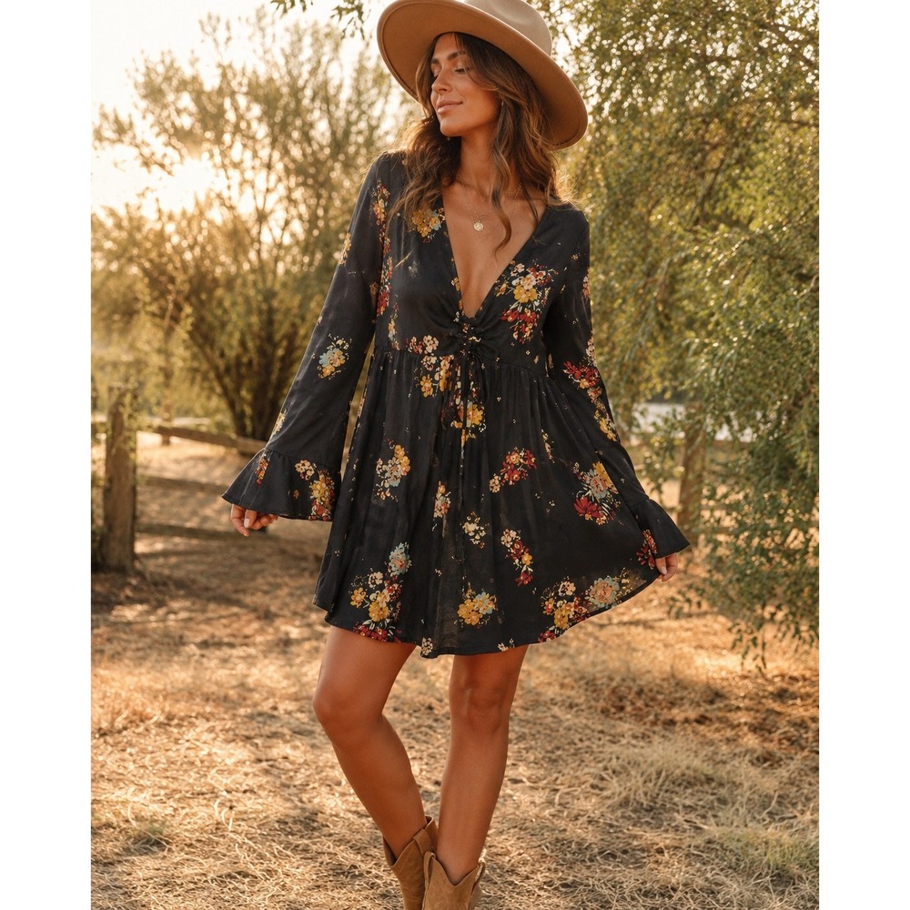 Free People Floral Mini Dress S Black Boho Romantic Whimsigoth Witchy Festival - Picture 1 of 11